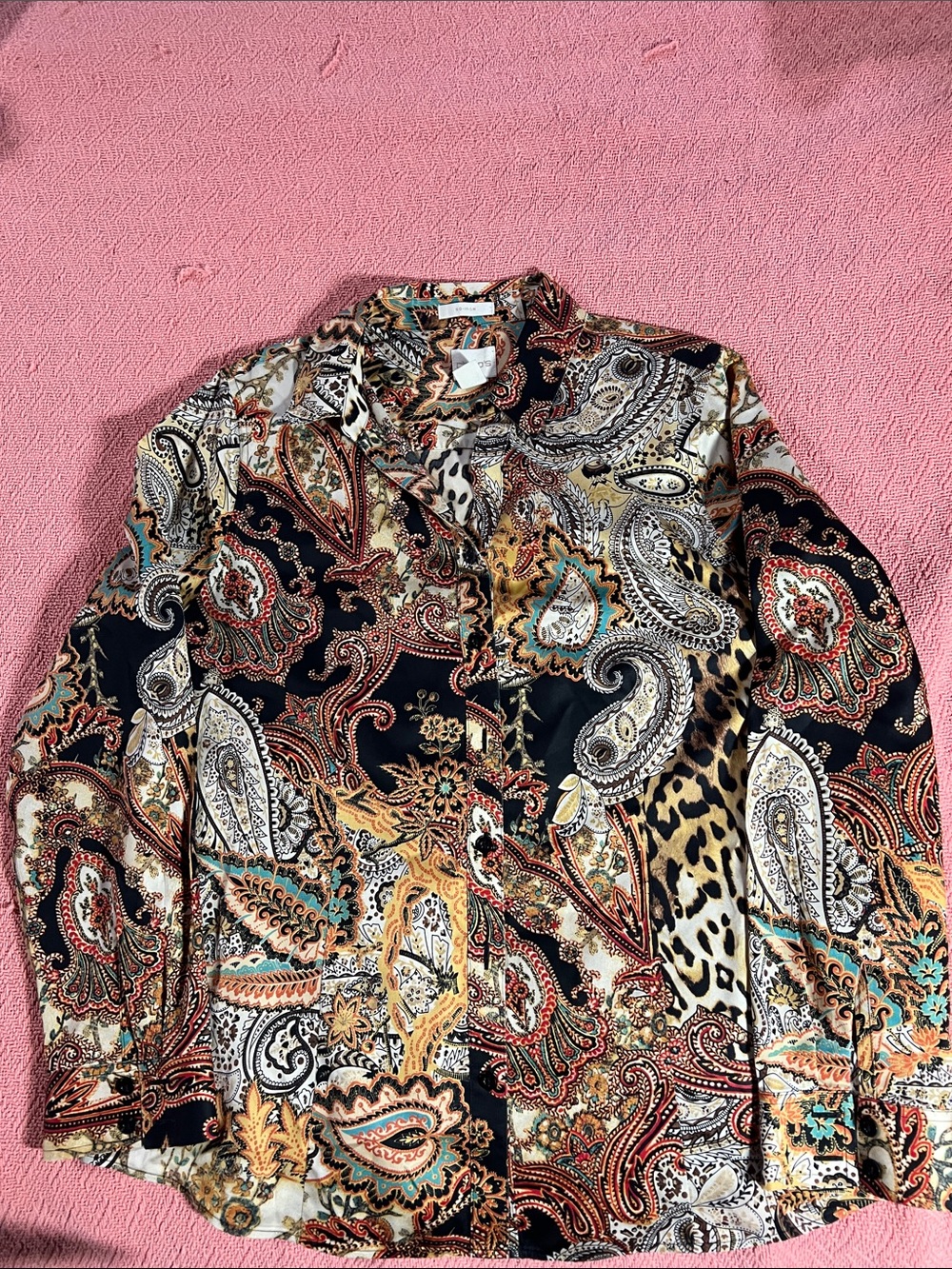 Chico's Black Multicolor Paisley Leopard print NO IRON Collared Blouse